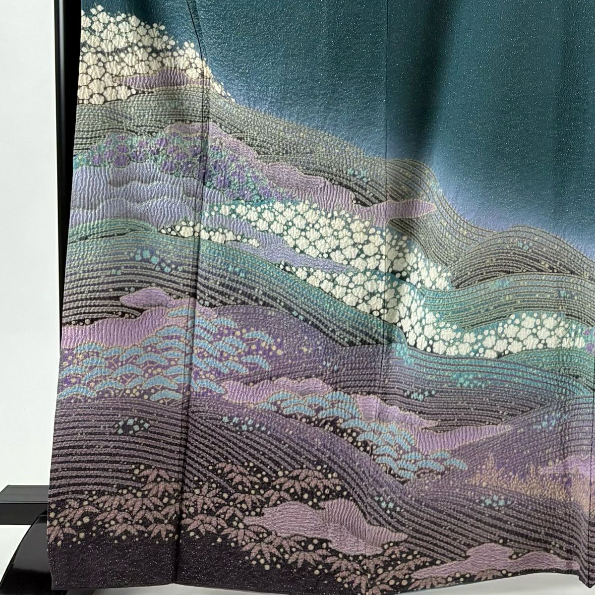 訪問服 身長168.5cm 袖長67.5cm L 雙層 滝泰 有落款 草花紋紋 波 金通染 灰綠 純蠶絲 逸品級