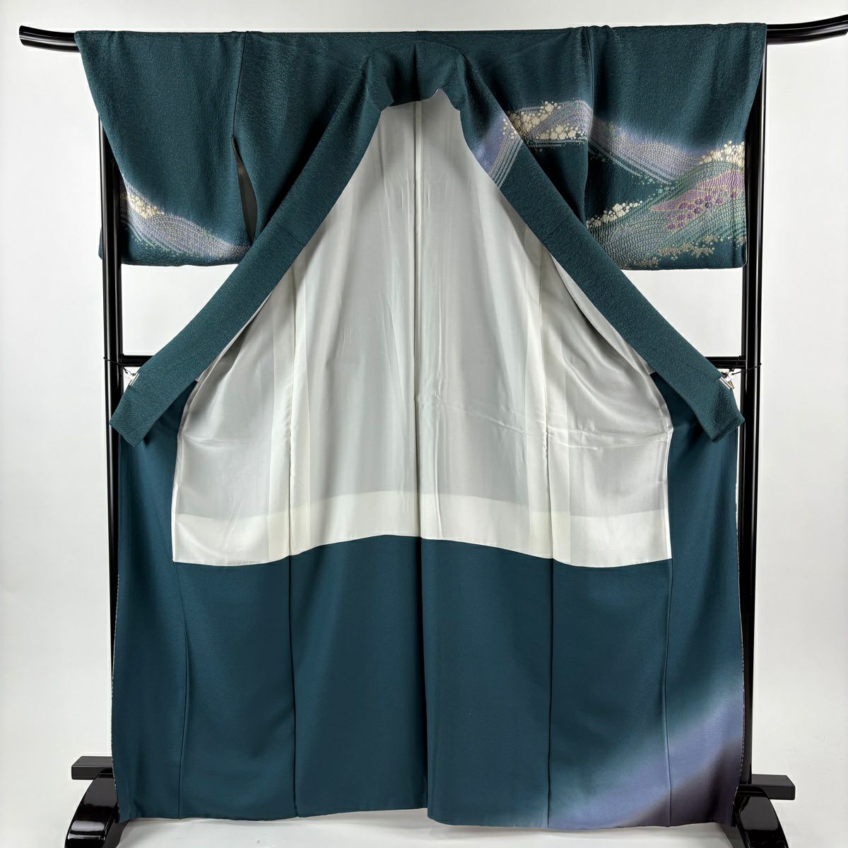 訪問服 身長168.5cm 袖長67.5cm L 雙層 滝泰 有落款 草花紋紋 波 金通染 灰綠 純蠶絲 逸品級