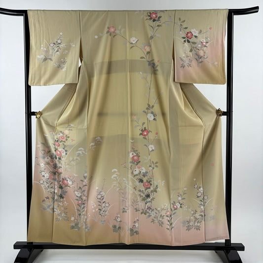 【美品】訪問服 身長157.5cm 袖長63cm S 雙層 落款あり 菊花 桔梗 染分 ぼかし 米色 純蠶絲 逸品級