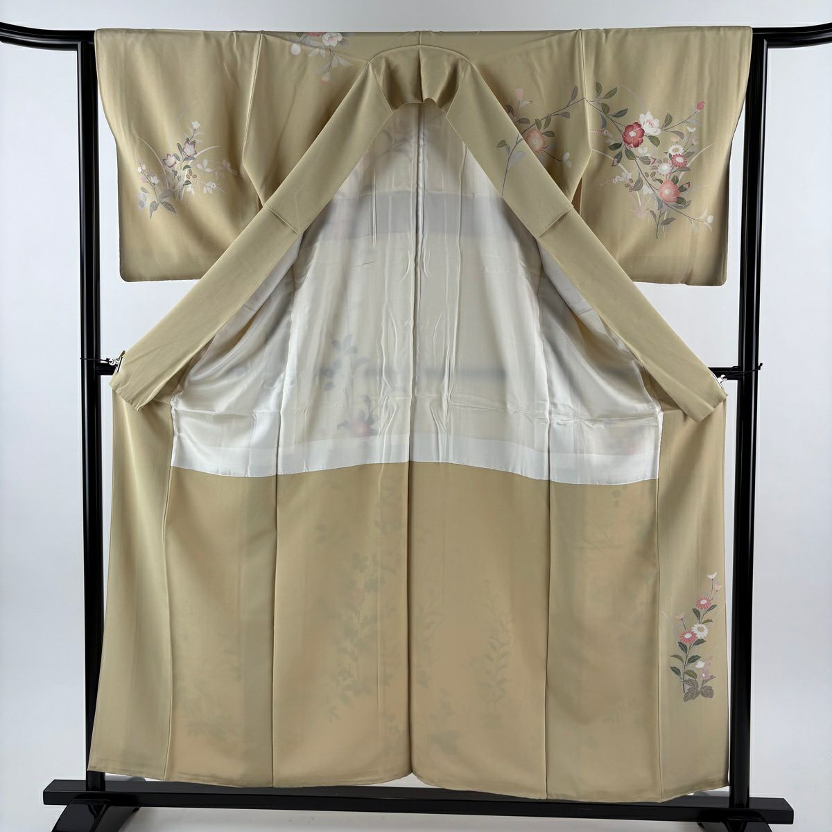 【美品】訪問服 身長157.5cm 袖長63cm S 雙層 落款あり 菊花 桔梗 染分 ぼかし 米色 純蠶絲 逸品級