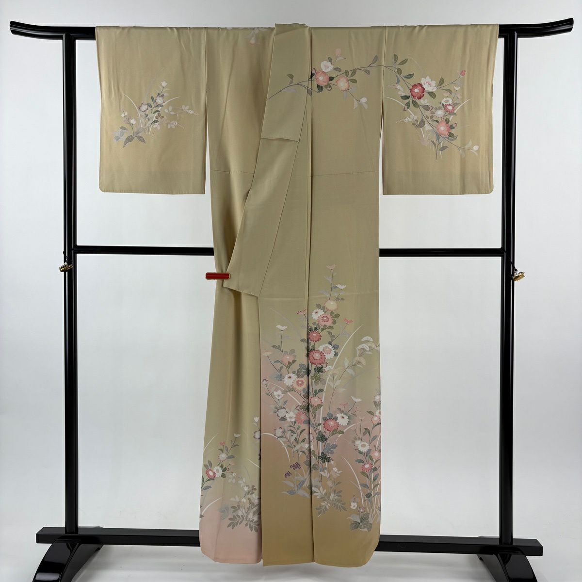 【美品】訪問服 身長157.5cm 袖長63cm S 雙層 落款あり 菊花 桔梗 染分 ぼかし 米色 純蠶絲 逸品級