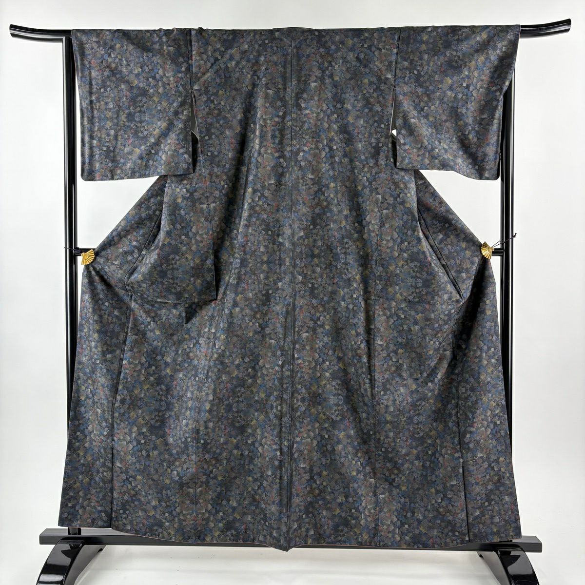 【美品】 大島紬織 身長159cm 袖長66.5cm M 雙層 都喜ヱ門 證書附帶 幾何學 墨色 純蠶絲 逸品級