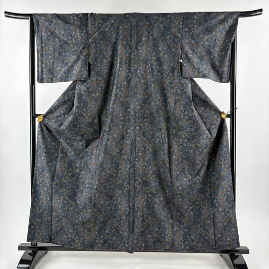 【美品】 大島紬織 身長159cm 袖長66.5cm M 雙層 都喜ヱ門 證書附帶 幾何學 墨色 純蠶絲 逸品級