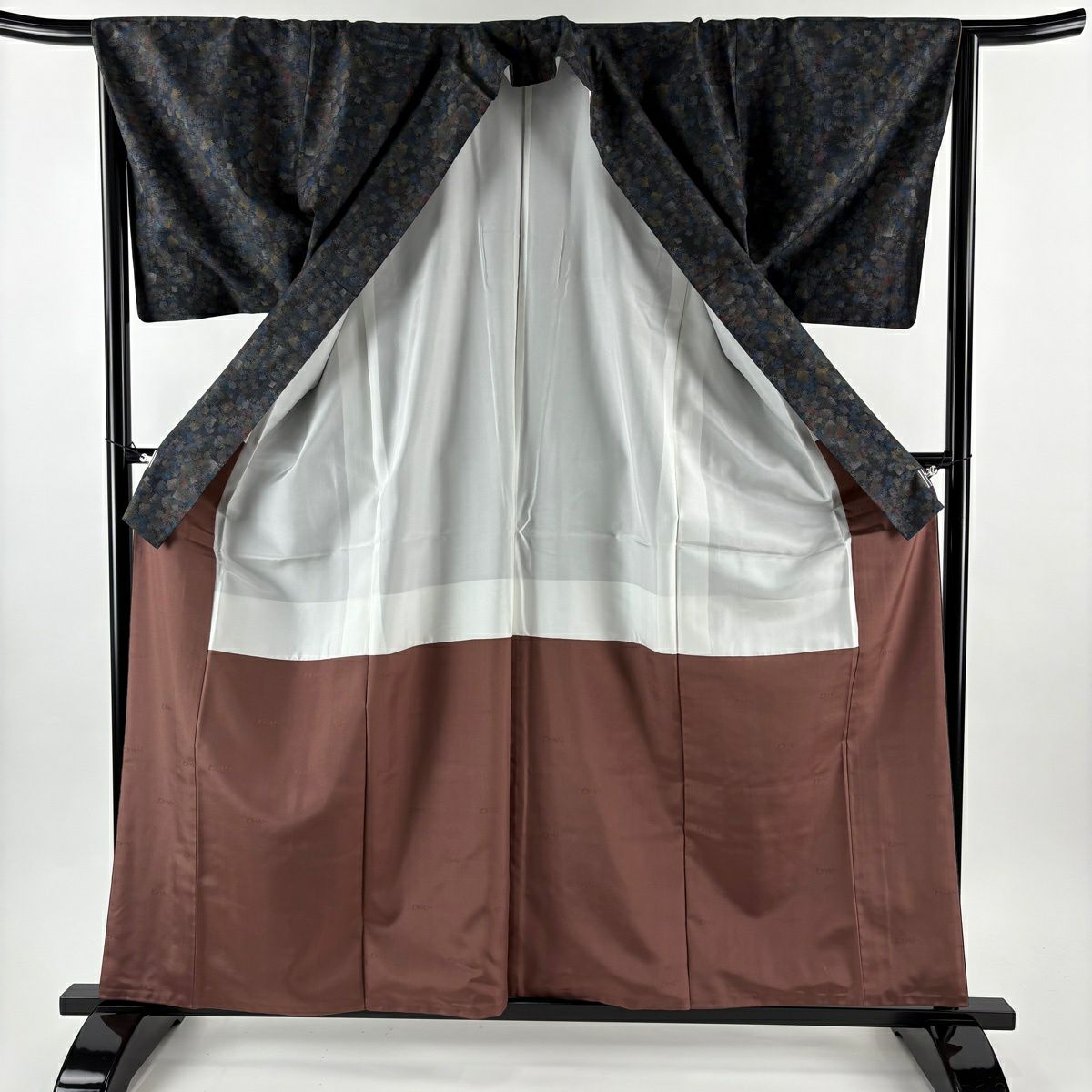 【美品】 大島紬織 身長159cm 袖長66.5cm M 雙層 都喜ヱ門 證書附帶 幾何學 墨色 純蠶絲 逸品級
