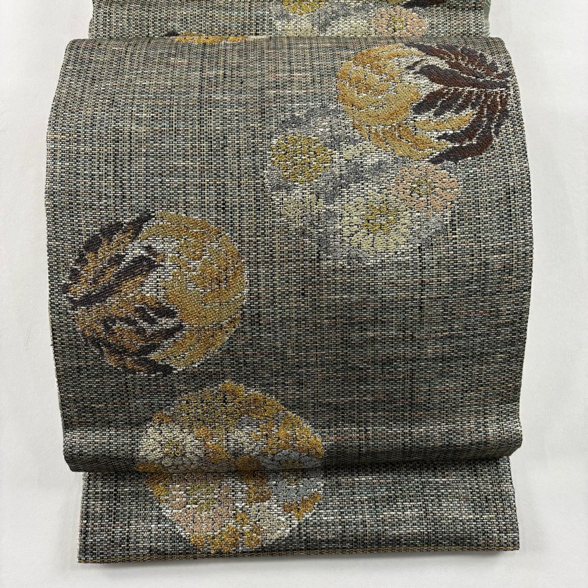 【美品】 袋帶 名品級 草花紋 金銀彩 金金箔 灰綠 六通 純蠶絲
