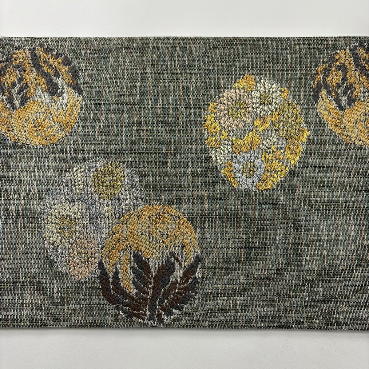 【美品】 袋帶 名品級 草花紋 金銀彩 金金箔 灰綠 六通 純蠶絲
