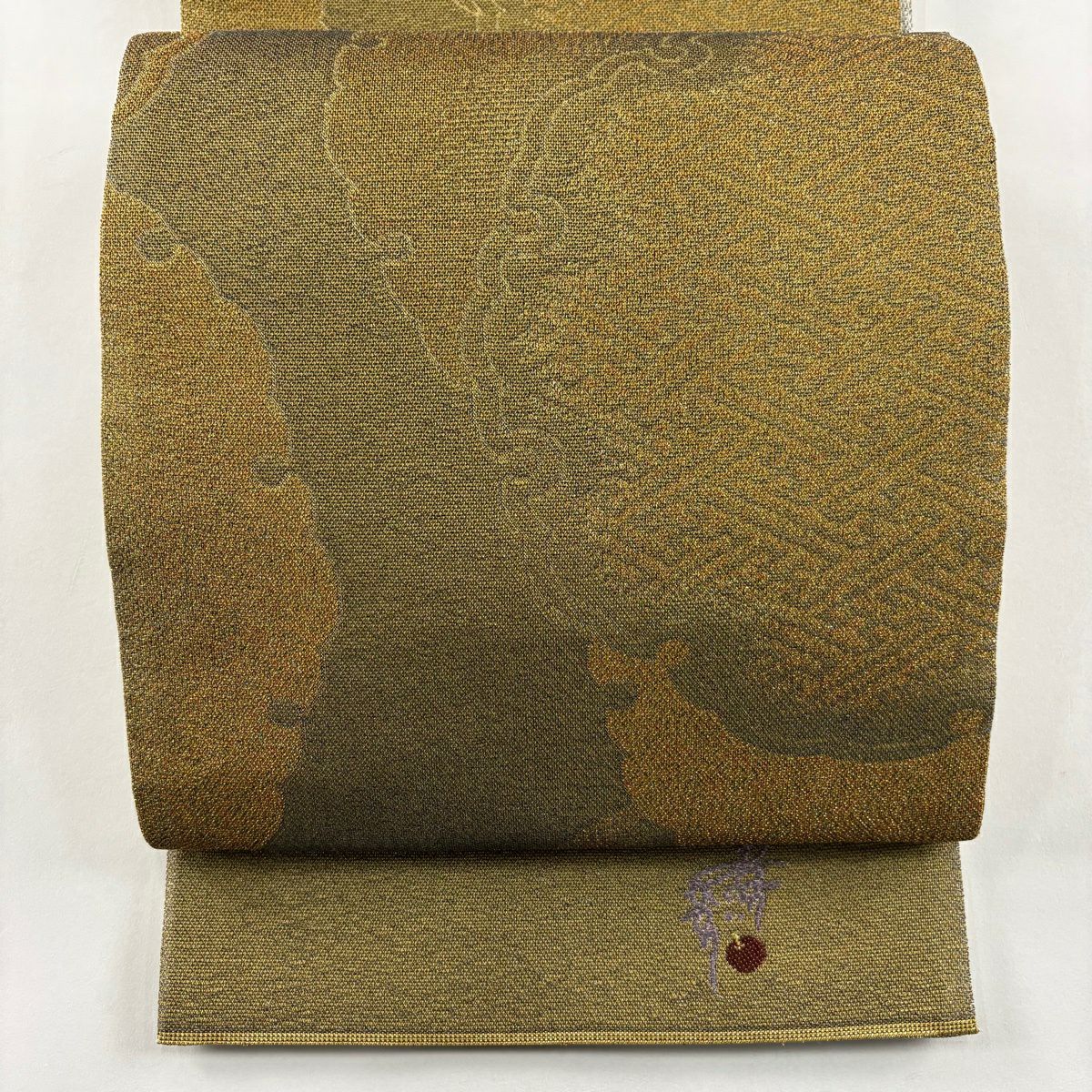 【美品】 袋帶 名品級 落款あり 美空ひばり 關西裁縫 雙面 雪輪 紗綾形 金絲 拉麵絲 金茶 六通 純蠶絲