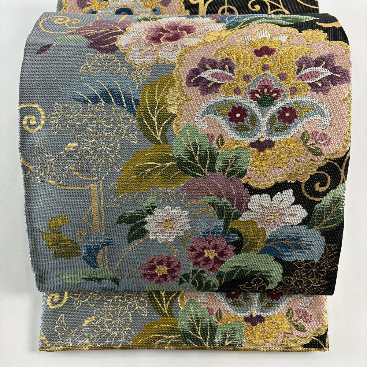 【美品】 袋帶 逸品級 草花紋 唐草紋 金絲 金金箔 青灰 六通 純蠶絲