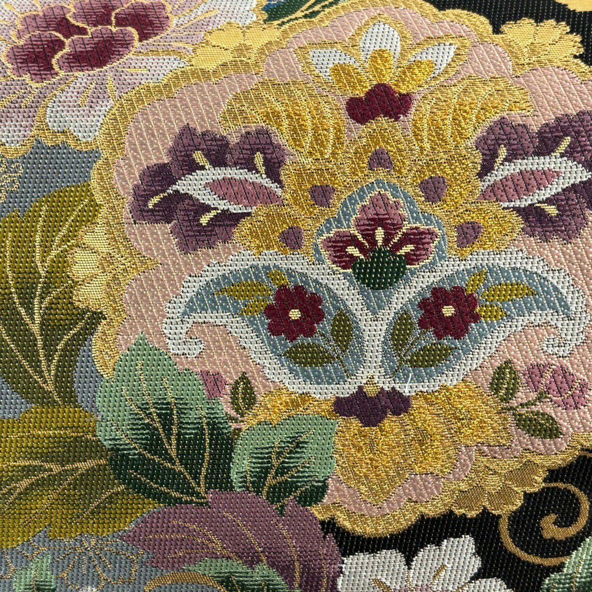 【美品】 袋帶 逸品級 草花紋 唐草紋 金絲 金金箔 青灰 六通 純蠶絲
