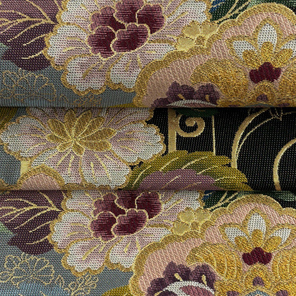 【美品】 袋帶 逸品級 草花紋 唐草紋 金絲 金金箔 青灰 六通 純蠶絲
