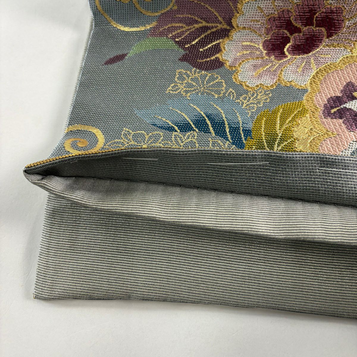 【美品】 袋帶 逸品級 草花紋 唐草紋 金絲 金金箔 青灰 六通 純蠶絲