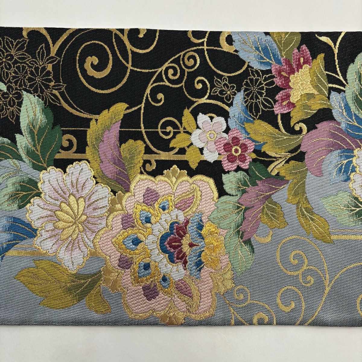 【美品】 袋帶 逸品級 草花紋 唐草紋 金絲 金金箔 青灰 六通 純蠶絲