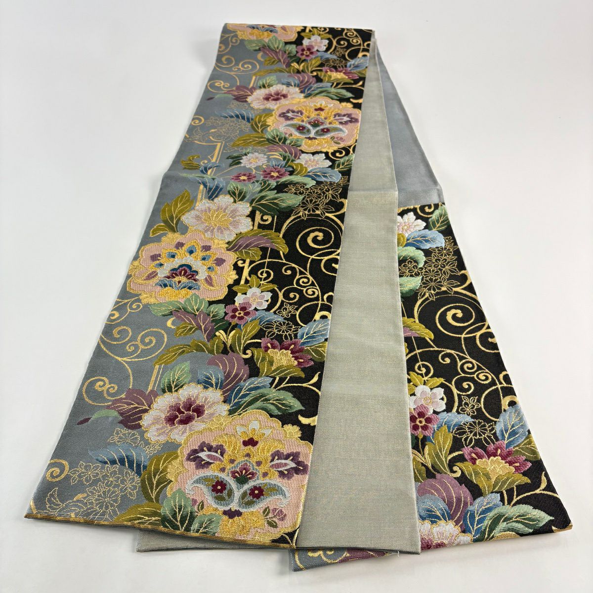 【美品】 袋帶 逸品級 草花紋 唐草紋 金絲 金金箔 青灰 六通 純蠶絲