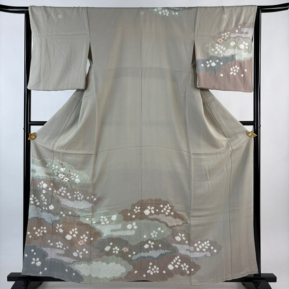 訪問服 身長160cm 袖長64.5cm M 雙層 椿 雲紋 刺繡 絞染 灰綠 純蠶絲 秀品級 三つ紋