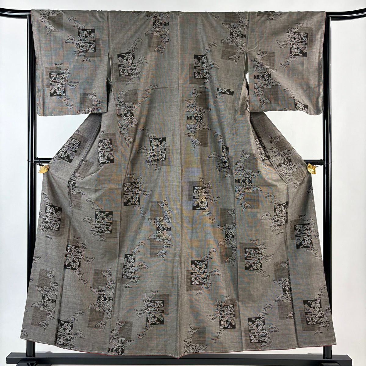 紬織 身長155.5cm 袖長64.5cm M 雙層 松樹梅花 色紙 焦茶 純蠶絲 秀品級