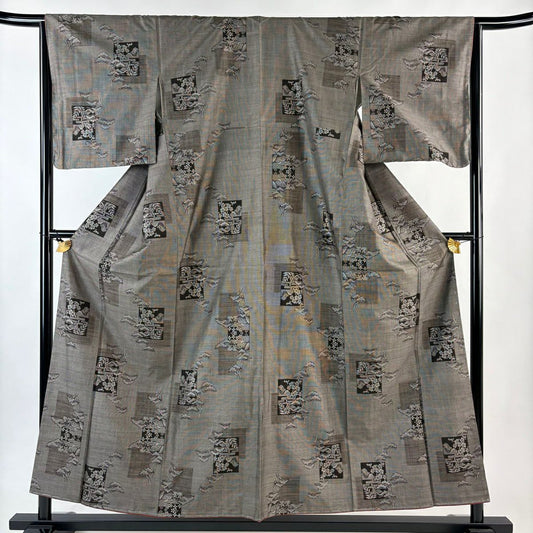 紬織 身長155.5cm 袖長64.5cm M 雙層 松樹梅花 色紙 焦茶 純蠶絲 秀品級
