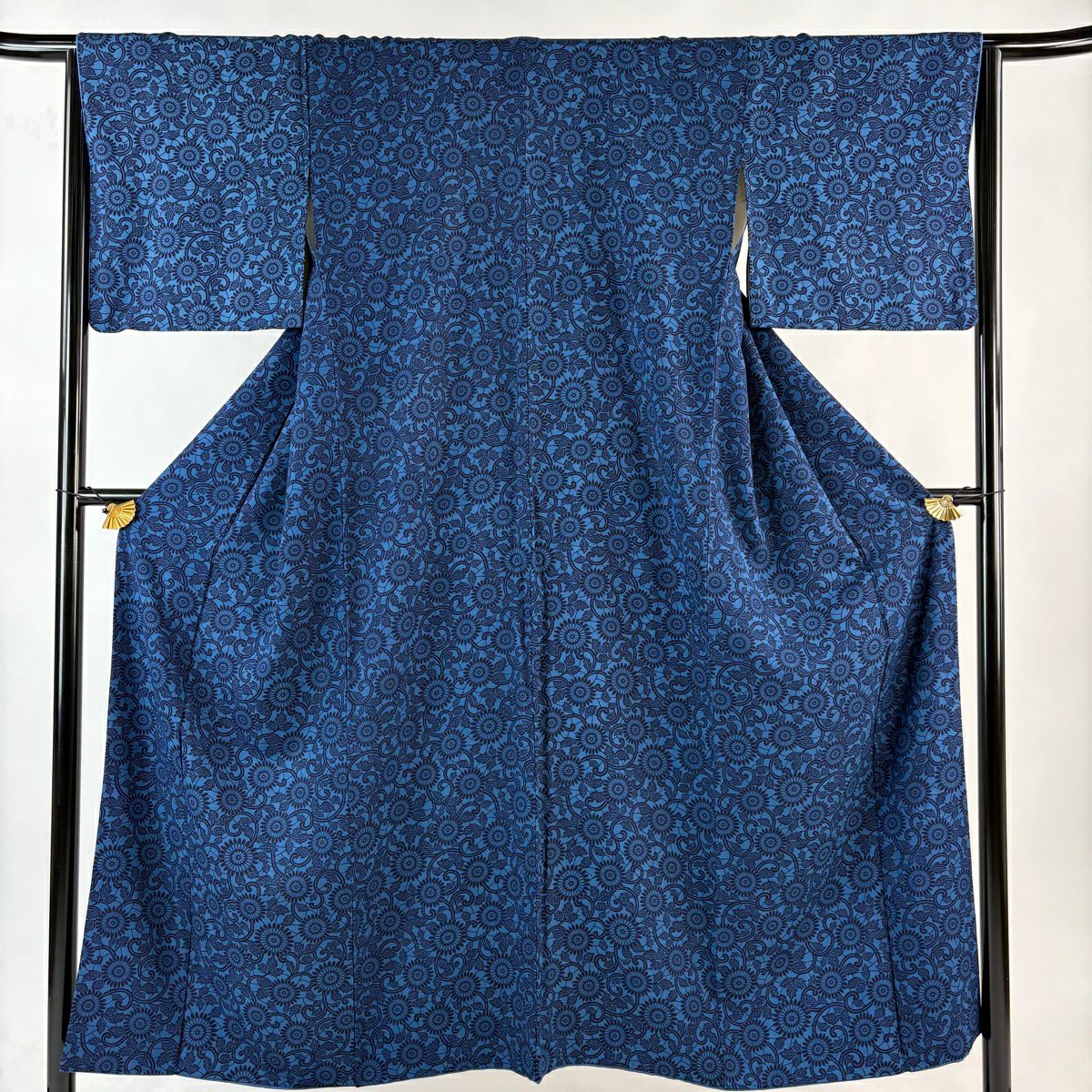 小紋 身長152cm 袖長66cm M 雙層 菊花唐草紋 深藍 純蠶絲 秀品級