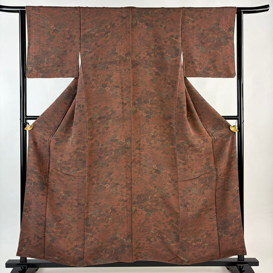 小紋 身長157.5cm 袖長63cm S 雙層 南部幸雄 落款あり 家屋 菊花 絞緬 紅茶 純蠶絲 秀品級