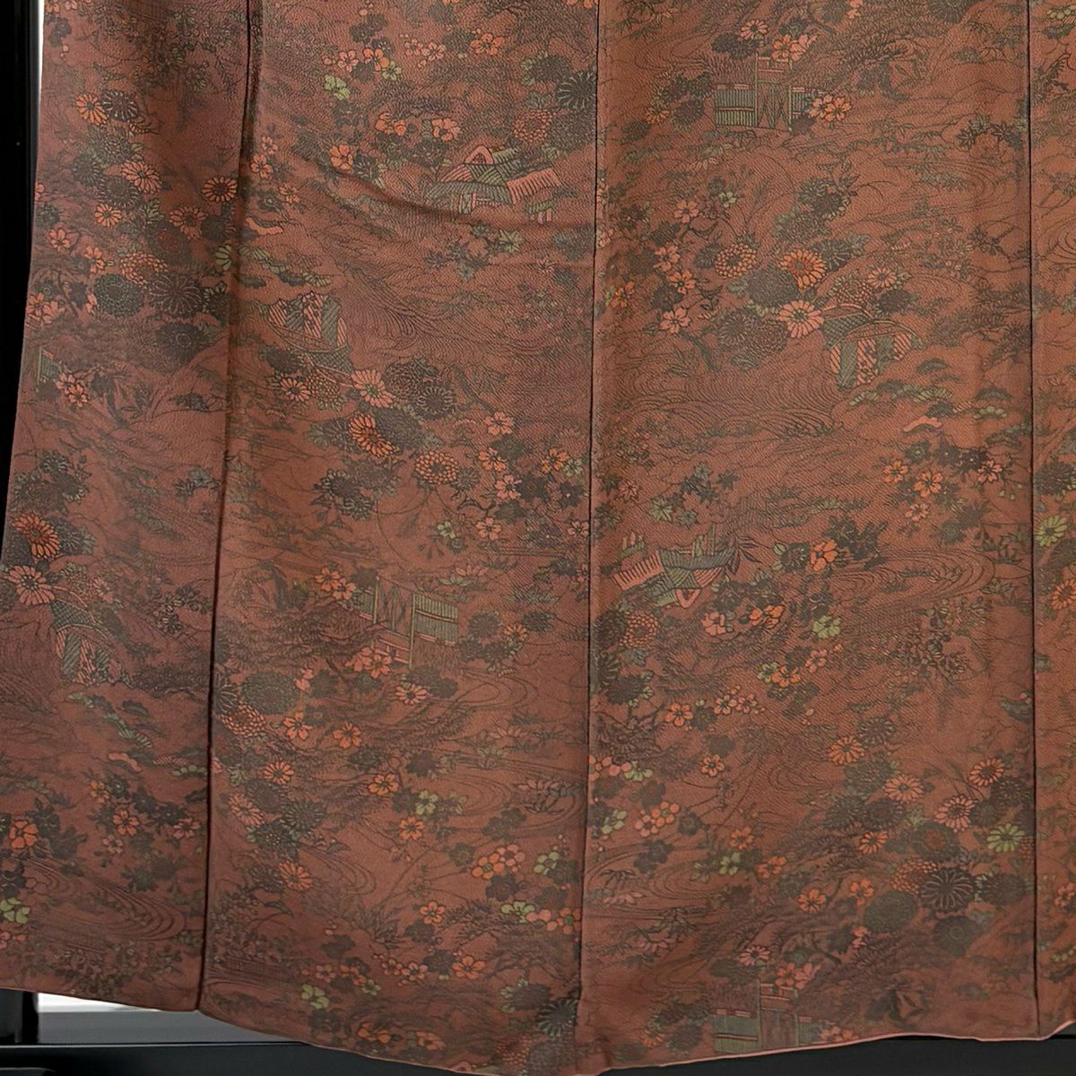 小紋 身長157.5cm 袖長63cm S 雙層 南部幸雄 落款あり 家屋 菊花 絞緬 紅茶 純蠶絲 秀品級