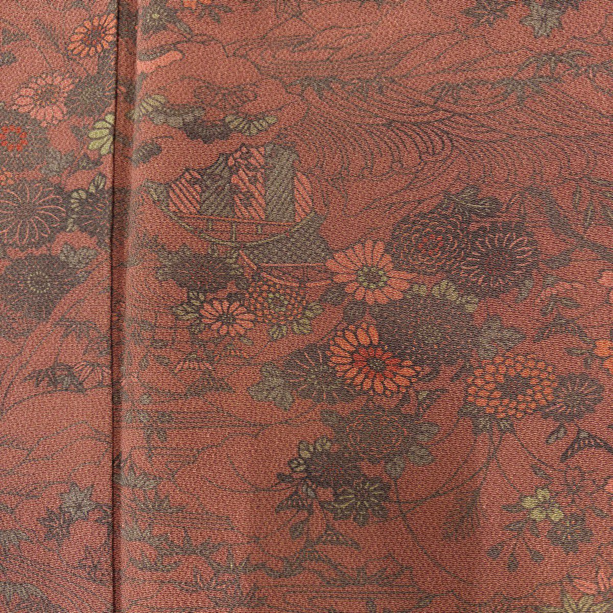 小紋 身長157.5cm 袖長63cm S 雙層 南部幸雄 落款あり 家屋 菊花 絞緬 紅茶 純蠶絲 秀品級