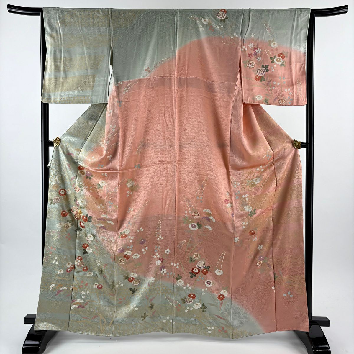 訪問服 身長166cm 袖長65cm M 雙層 菊花 霞 金絲 金銀彩 淺綠 純蠶絲 優品級