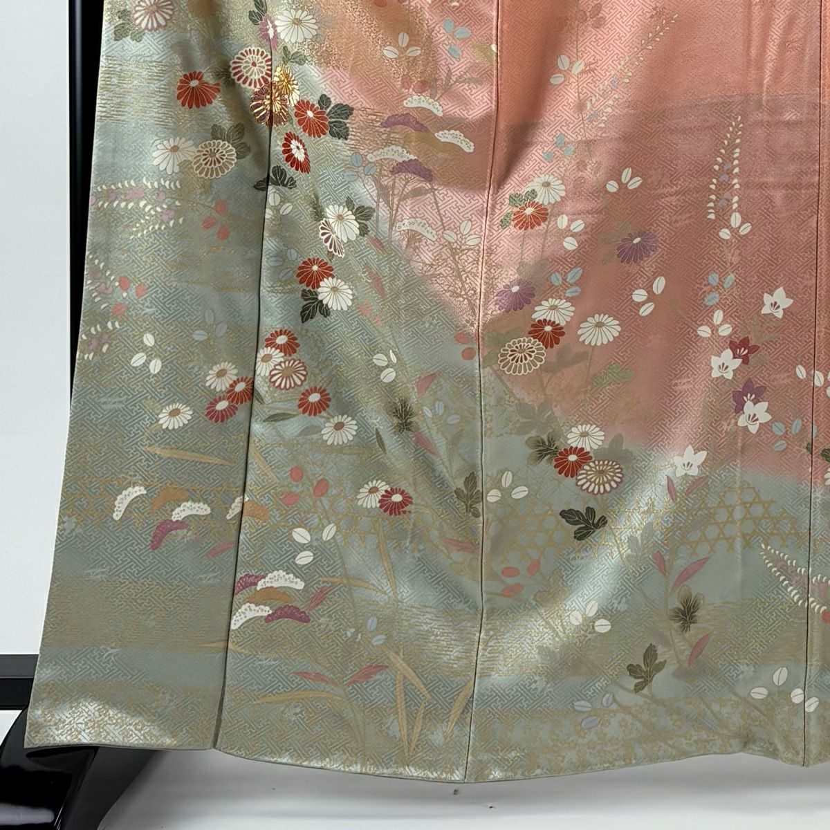 訪問服 身長166cm 袖長65cm M 雙層 菊花 霞 金絲 金銀彩 淺綠 純蠶絲 優品級