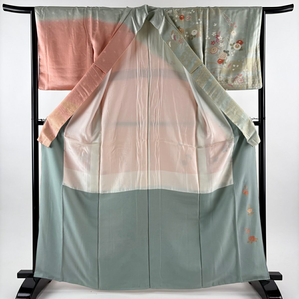 訪問服 身長166cm 袖長65cm M 雙層 菊花 霞 金絲 金銀彩 淺綠 純蠶絲 優品級