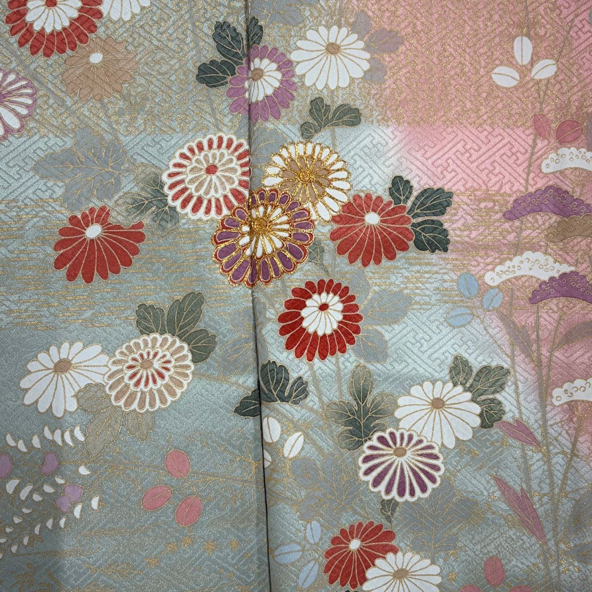 訪問服 身長166cm 袖長65cm M 雙層 菊花 霞 金絲 金銀彩 淺綠 純蠶絲 優品級