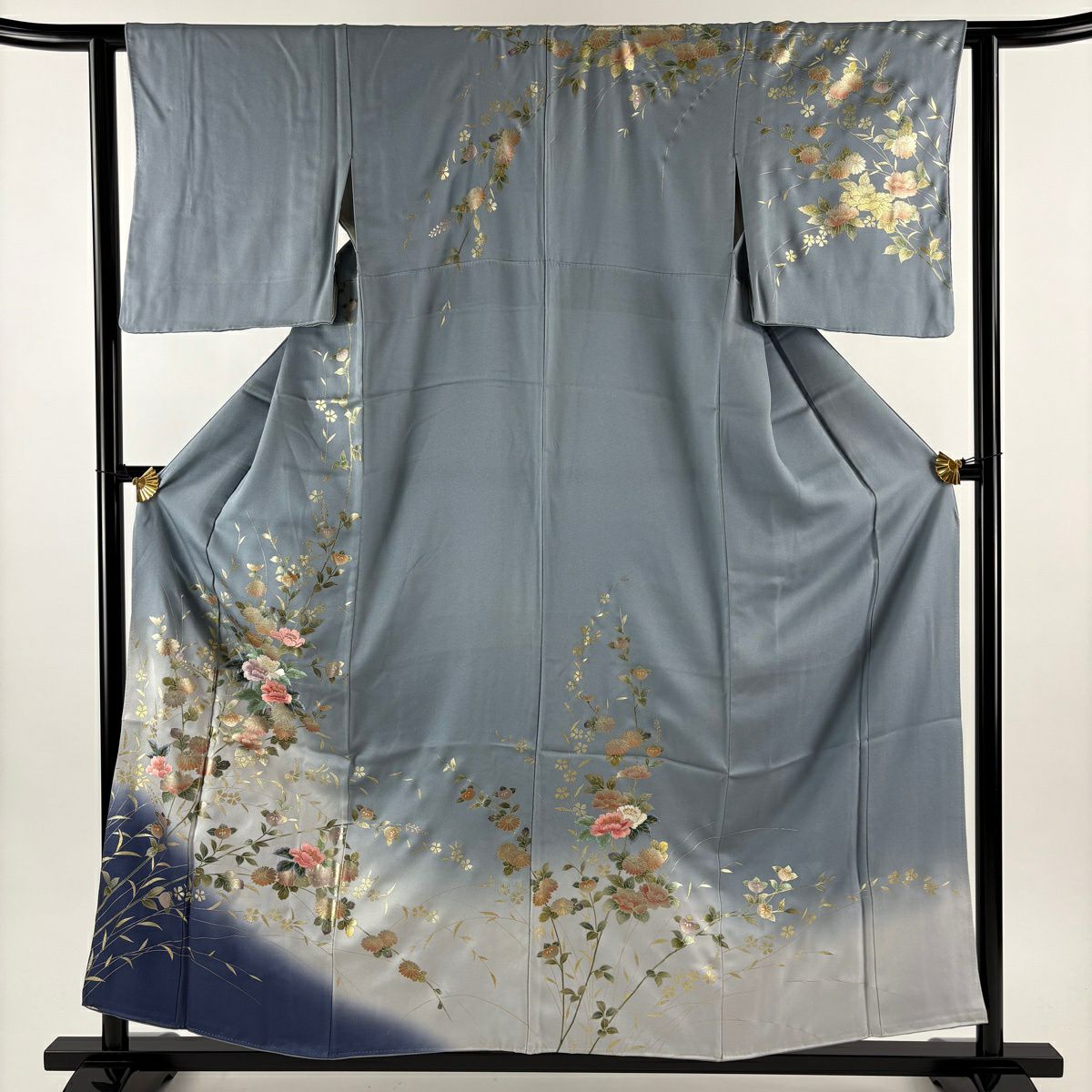 訪問服 身長157cm 袖長61.5cm S 雙層 牡丹 橘花 刺繡 金糸 青灰 純蠶絲 秀品級