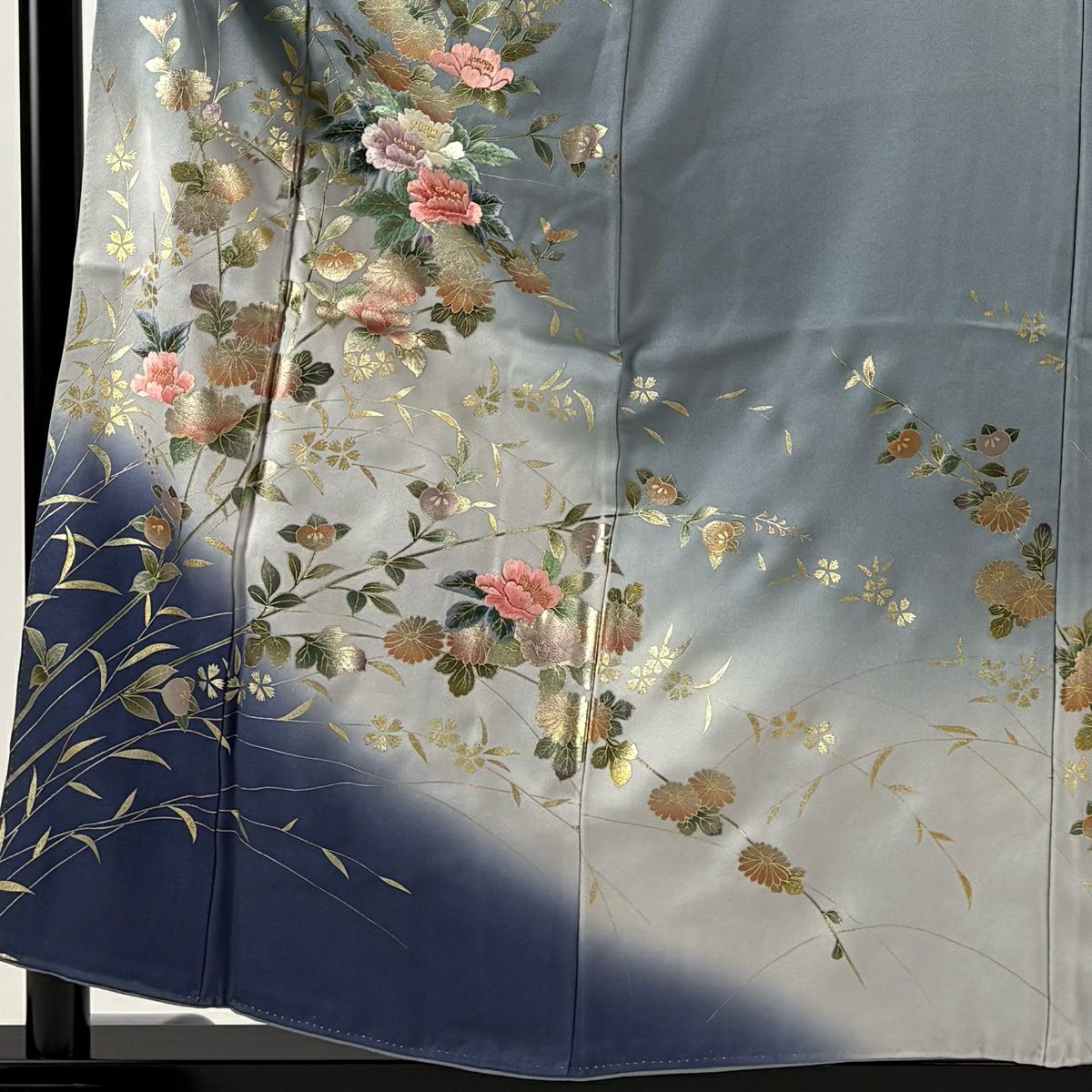 訪問服 身長157cm 袖長61.5cm S 雙層 牡丹 橘花 刺繡 金糸 青灰 純蠶絲 秀品級