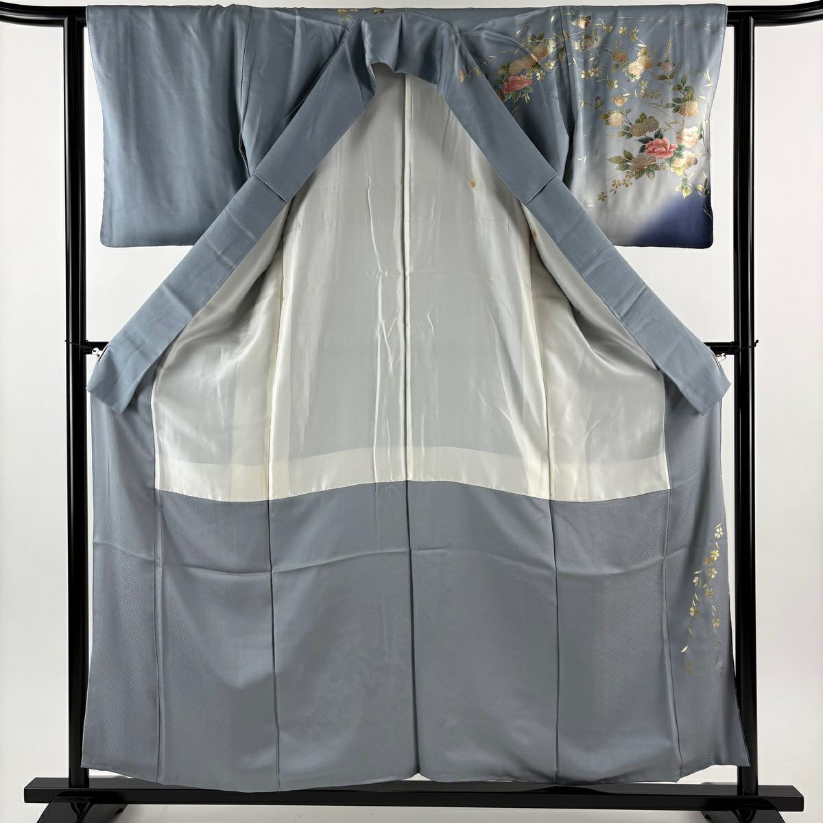 訪問服 身長157cm 袖長61.5cm S 雙層 牡丹 橘花 刺繡 金糸 青灰 純蠶絲 秀品級