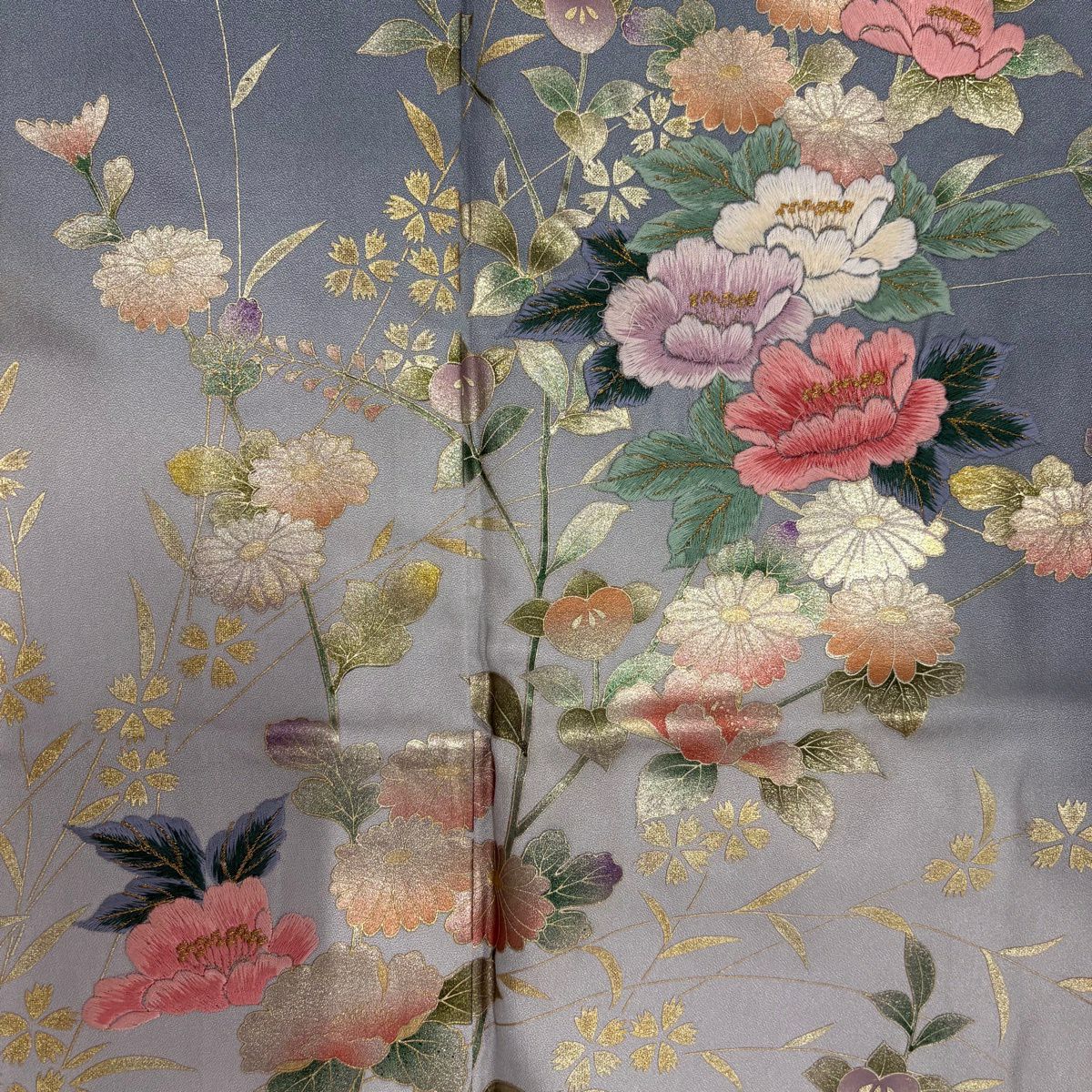 訪問服 身長157cm 袖長61.5cm S 雙層 牡丹 橘花 刺繡 金糸 青灰 純蠶絲 秀品級