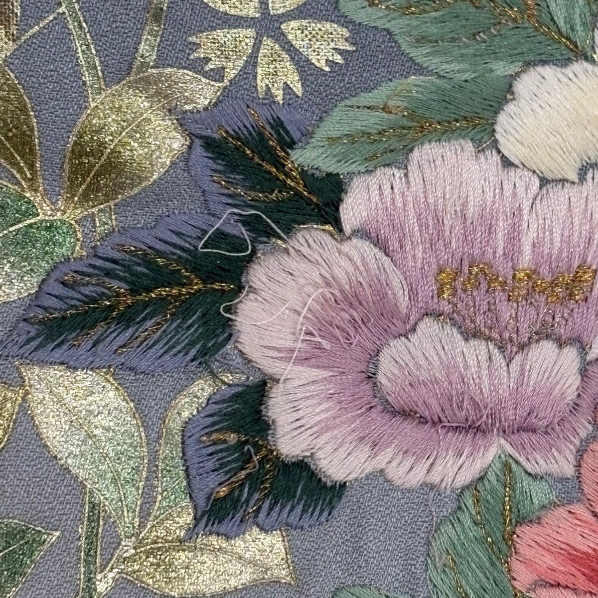 訪問服 身長157cm 袖長61.5cm S 雙層 牡丹 橘花 刺繡 金糸 青灰 純蠶絲 秀品級