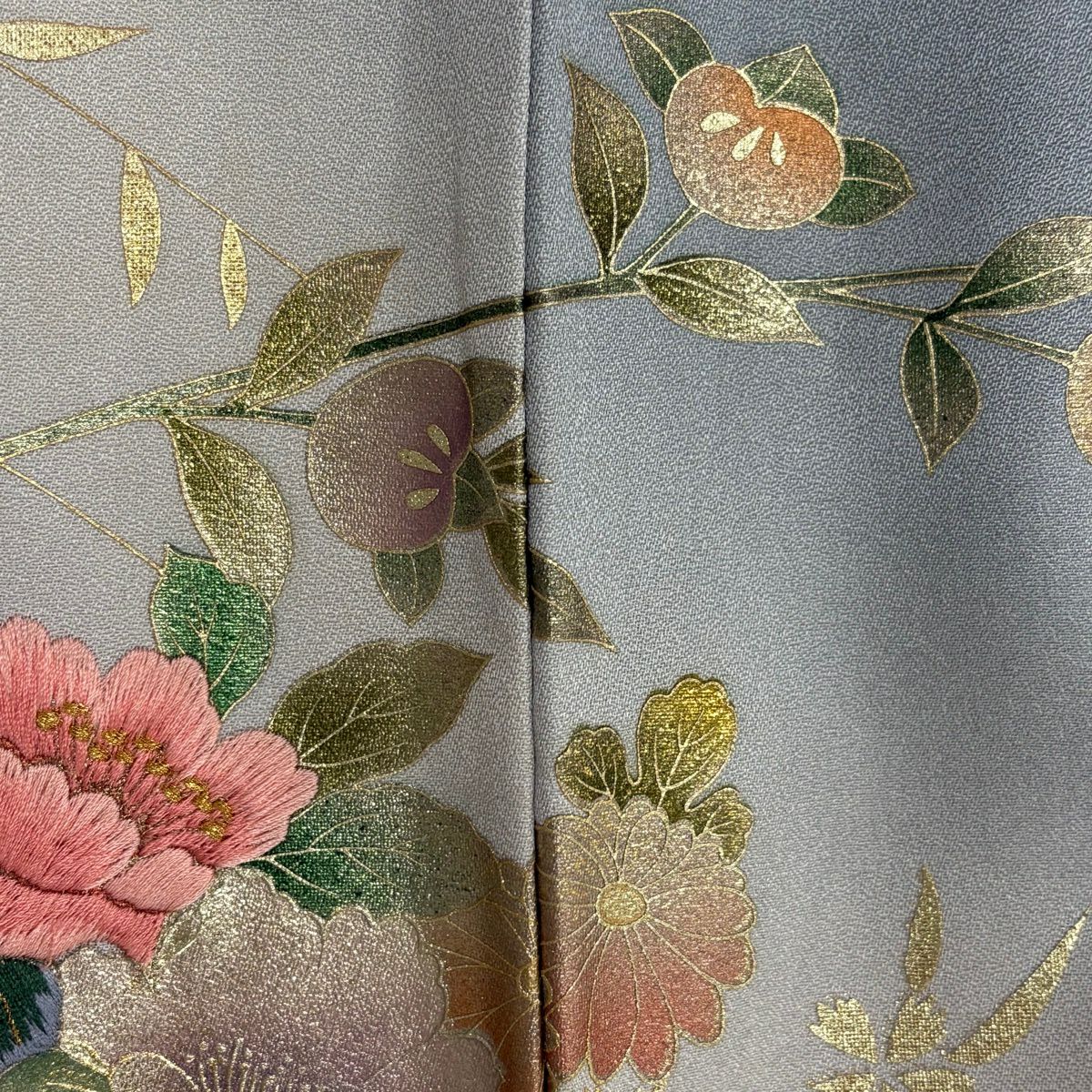 訪問服 身長157cm 袖長61.5cm S 雙層 牡丹 橘花 刺繡 金糸 青灰 純蠶絲 秀品級