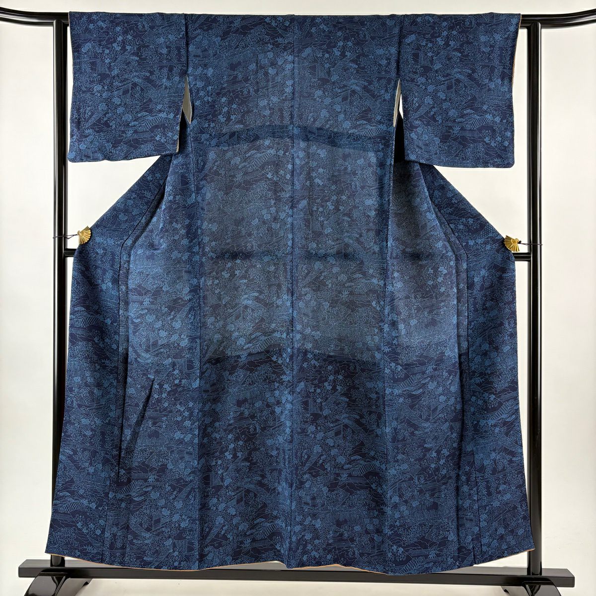 小紋 身長153.5cm 袖長62cm S 雙層 松樹竹子梅花 家屋 縮緬 藍色 純蠶絲 秀品級