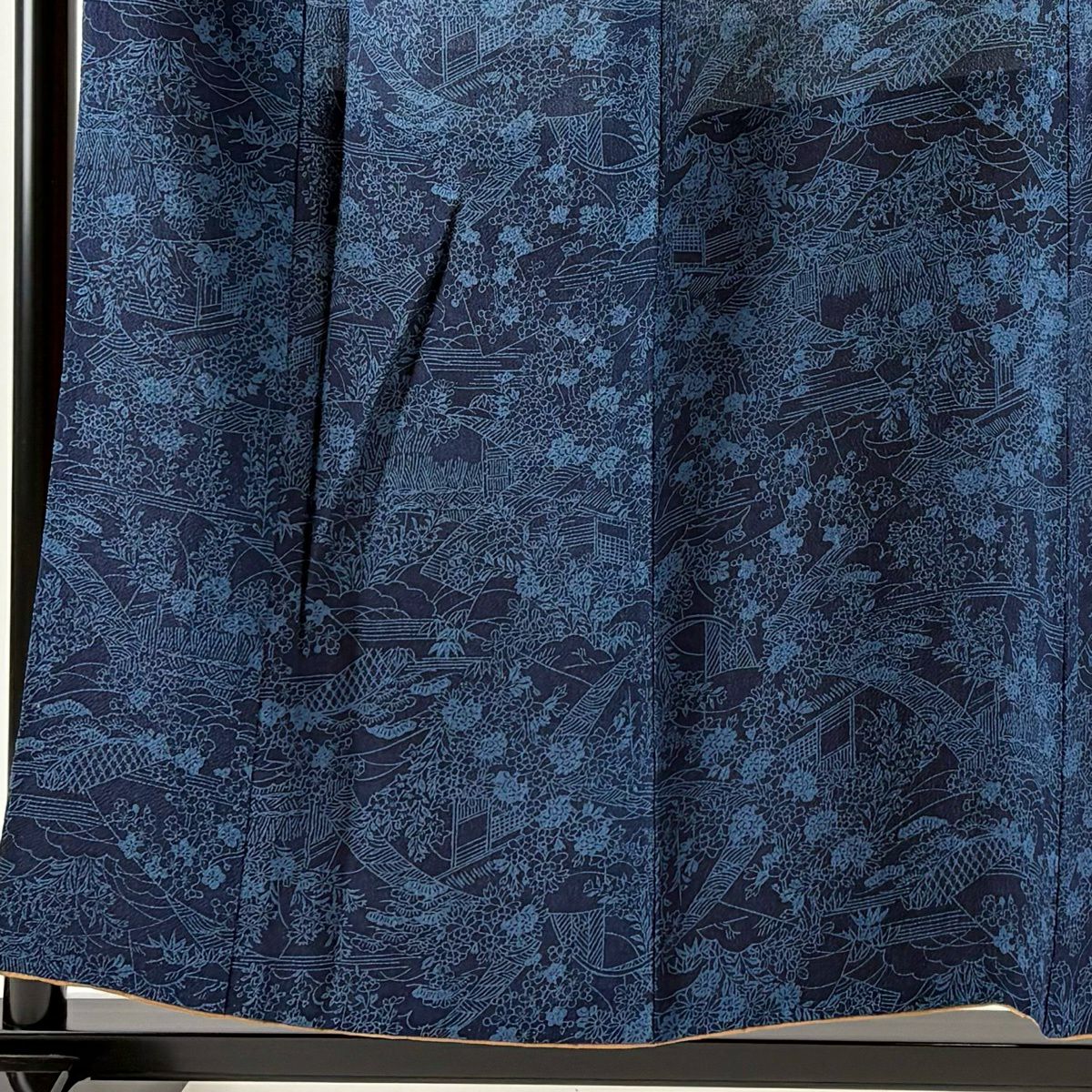 小紋 身長153.5cm 袖長62cm S 雙層 松樹竹子梅花 家屋 縮緬 藍色 純蠶絲 秀品級