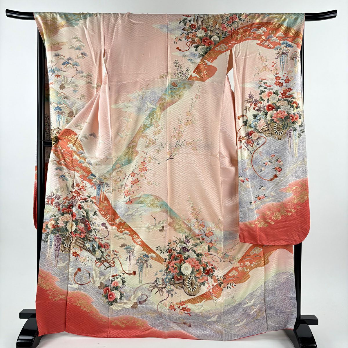 振袖禮服 身長168cm 袖長68cm L 雙層 花車 流水 金絲 金銀彩 淺粉色 純蠶絲 優品級