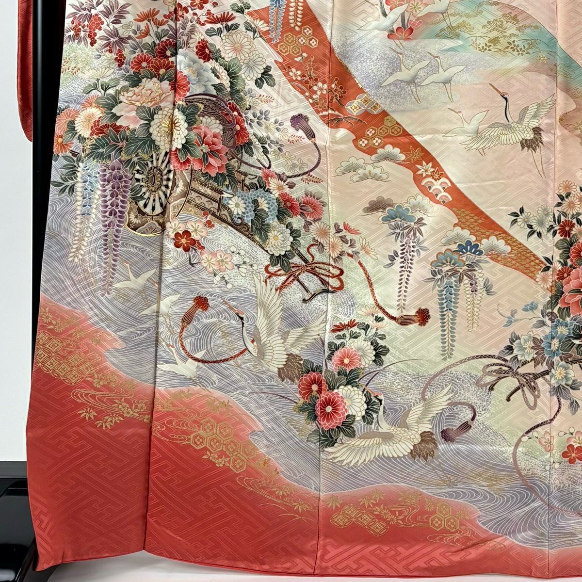 振袖禮服 身長168cm 袖長68cm L 雙層 花車 流水 金絲 金銀彩 淺粉色 純蠶絲 優品級