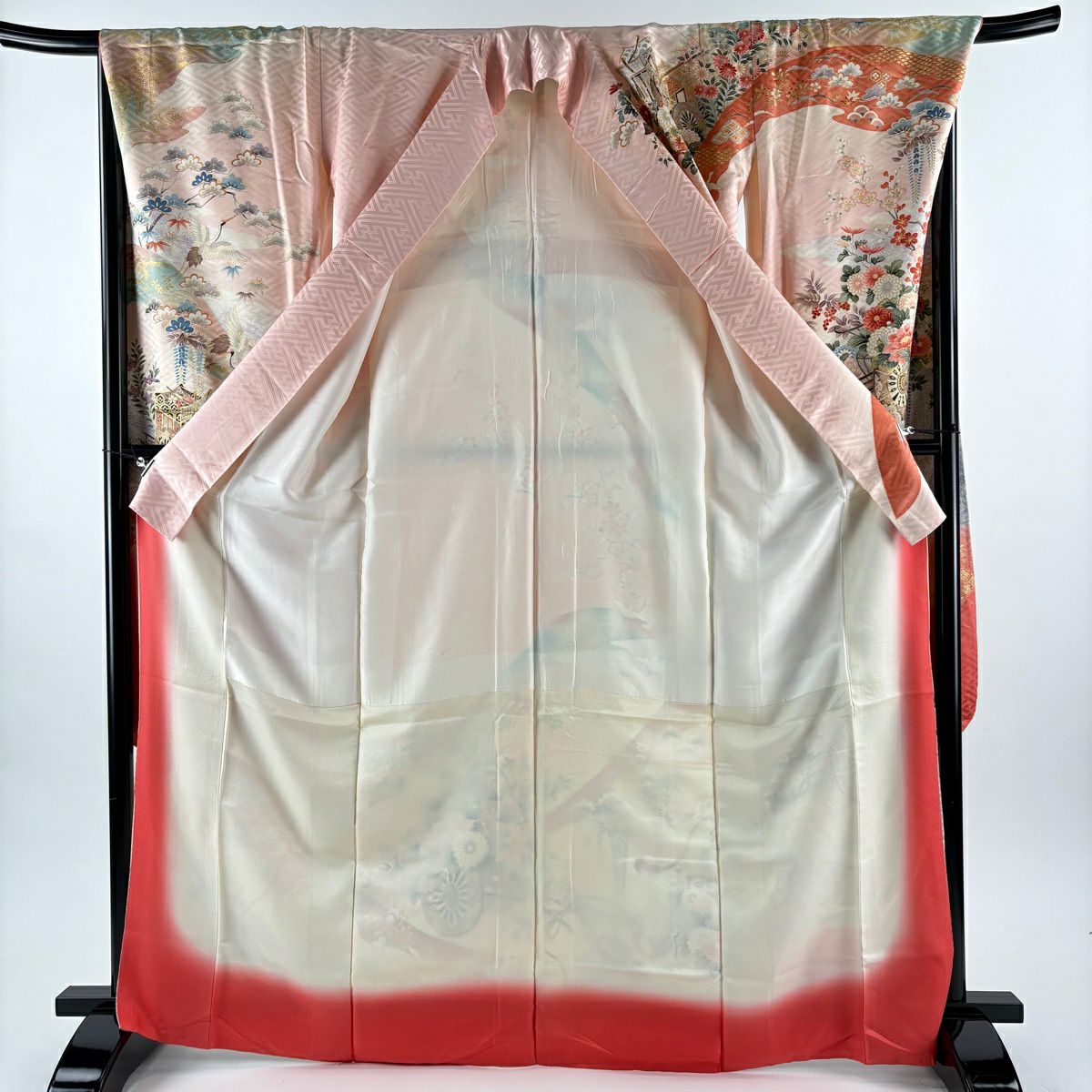 振袖禮服 身長168cm 袖長68cm L 雙層 花車 流水 金絲 金銀彩 淺粉色 純蠶絲 優品級
