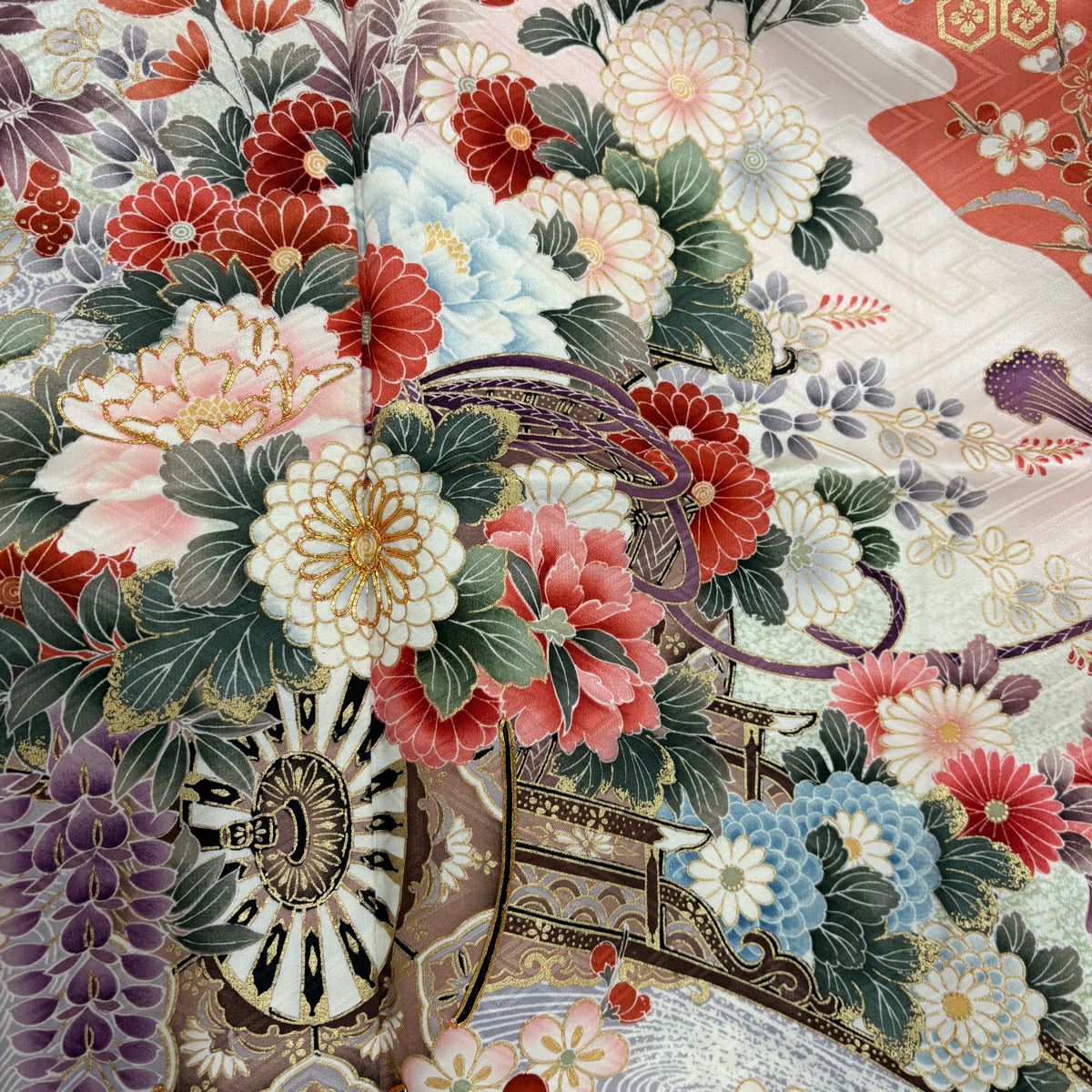 振袖禮服 身長168cm 袖長68cm L 雙層 花車 流水 金絲 金銀彩 淺粉色 純蠶絲 優品級