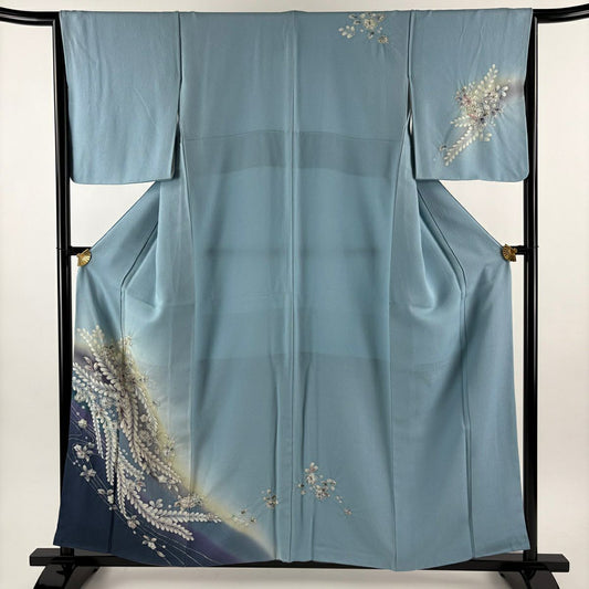 付下 身長157.5cm 袖長65cm M 雙層 辻花染 漸層 水藍 純蠶絲 優品級