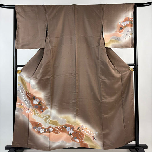 訪問服 身長159.5cm 袖長65cm M 雙層 辻花染 金銀彩 漸層 灰茶 純蠶絲 優品級