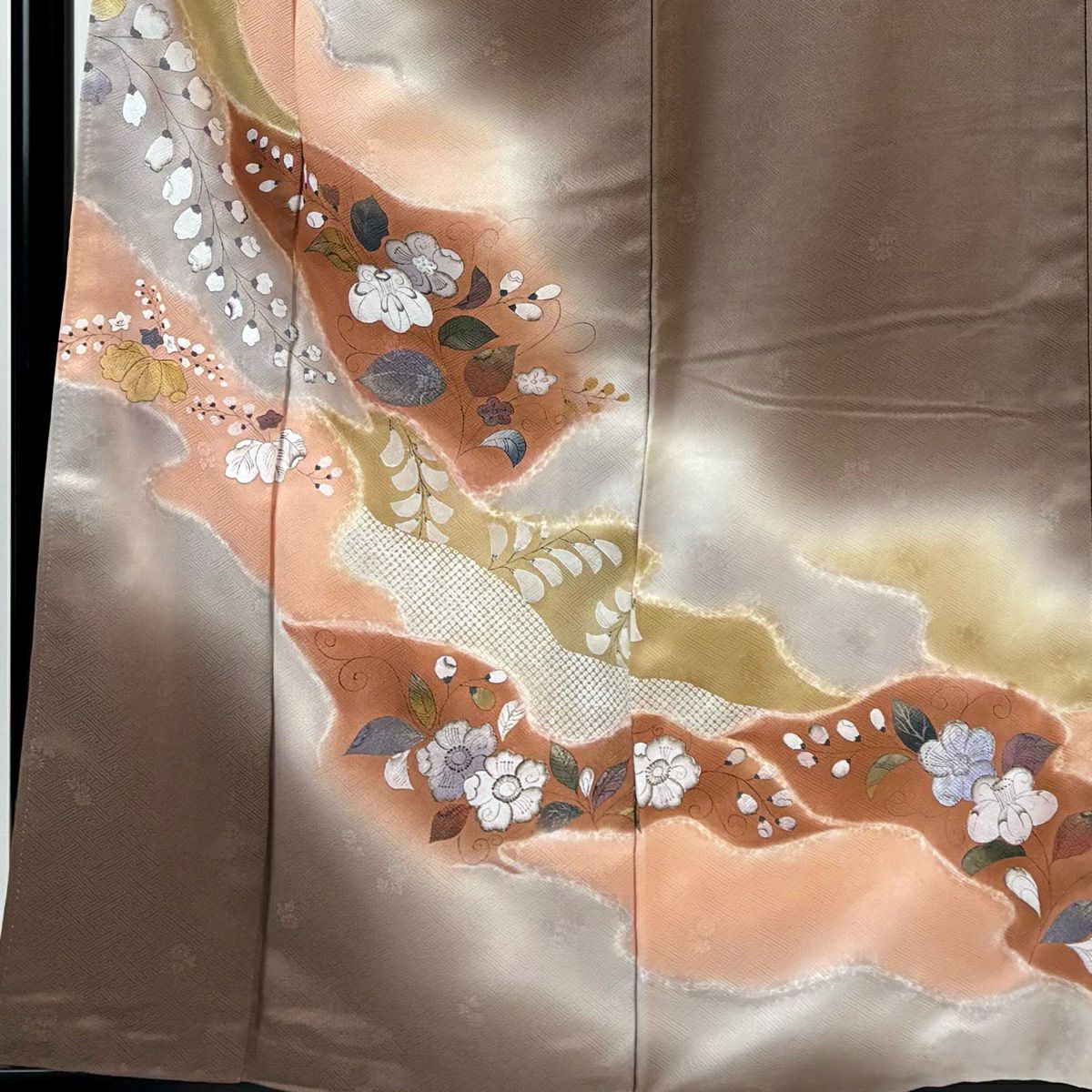 訪問服 身長159.5cm 袖長65cm M 雙層 辻花染 金銀彩 漸層 灰茶 純蠶絲 優品級