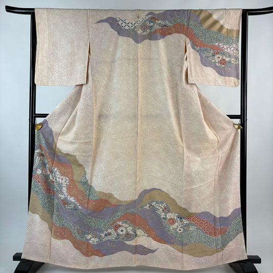 訪問服 身長164cm 袖長65cm M 雙層 道長取 草花紋紋 金彩裝飾 淺粉色 純蠶絲 優品級 一個紋