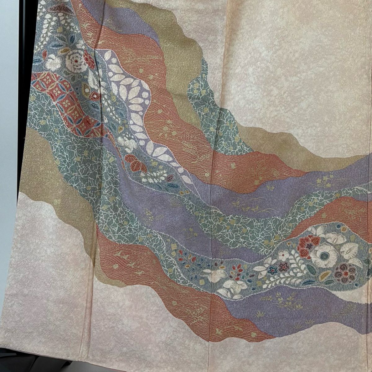 訪問服 身長164cm 袖長65cm M 雙層 道長取 草花紋紋 金彩裝飾 淺粉色 純蠶絲 優品級 一個紋
