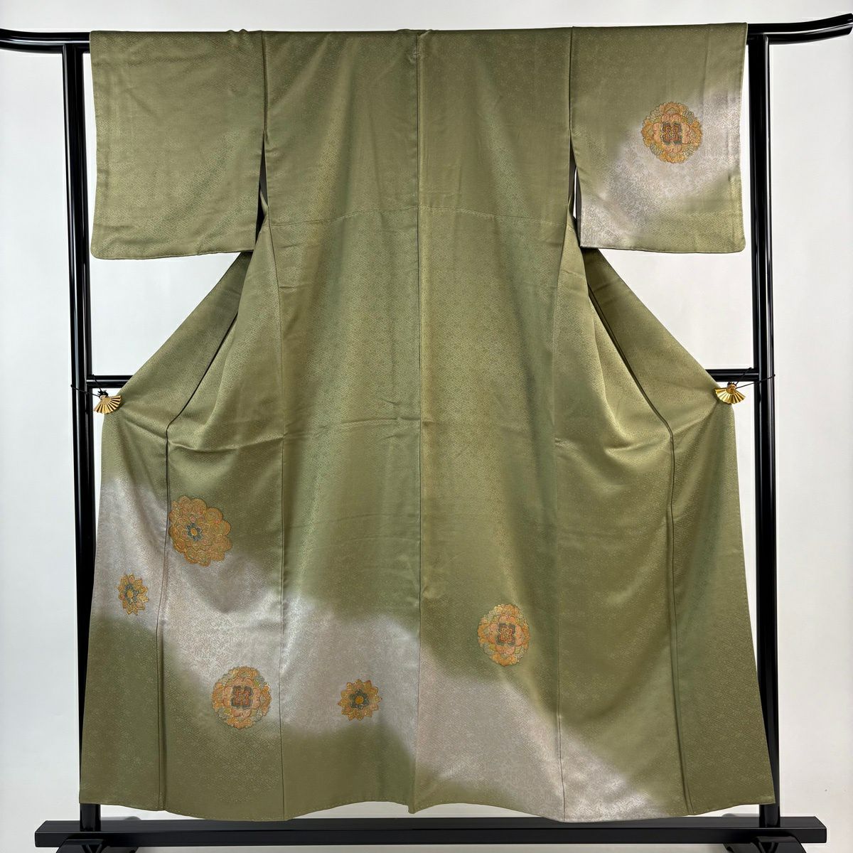 付下 身長155cm 袖長63.5cm S 雙層 華紋 地紋 金銀彩 刺繡 茶綠 純蠶絲 秀品級 一個紋