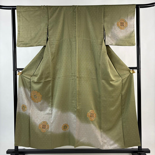 付下 身長155cm 袖長63.5cm S 雙層 華紋 地紋 金銀彩 刺繡 茶綠 純蠶絲 秀品級 一個紋
