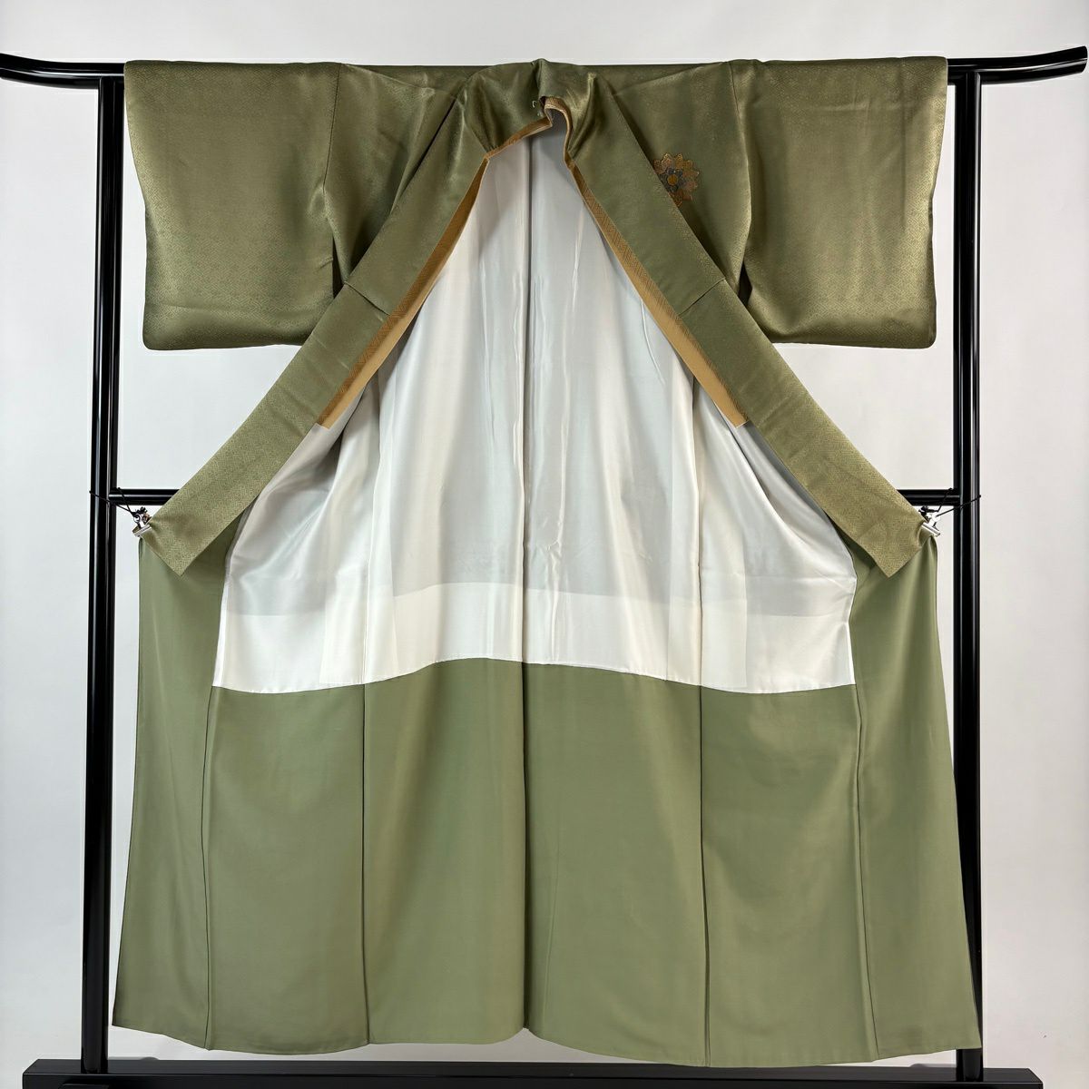 付下 身長155cm 袖長63.5cm S 雙層 華紋 地紋 金銀彩 刺繡 茶綠 純蠶絲 秀品級 一個紋