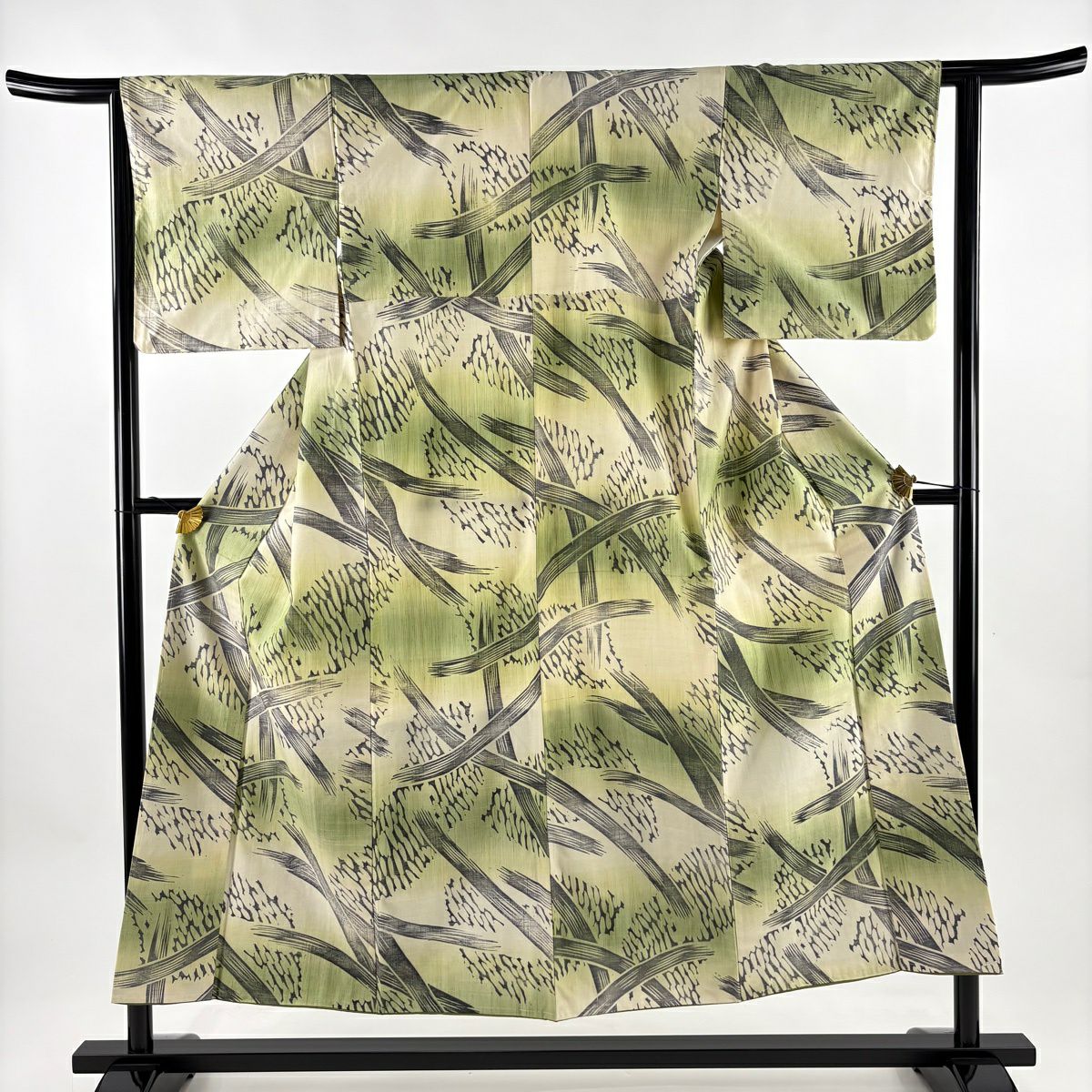 【美品】 小紋 身長152cm 袖長63cm S 雙層 紬織織 幾何學圖案 漸層 淺綠 純蠶絲 優品級