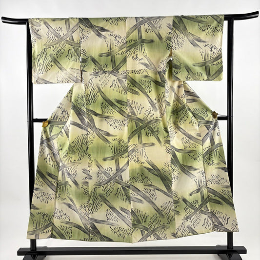【美品】 小紋 身長152cm 袖長63cm S 雙層 紬織織 幾何學圖案 漸層 淺綠 純蠶絲 優品級